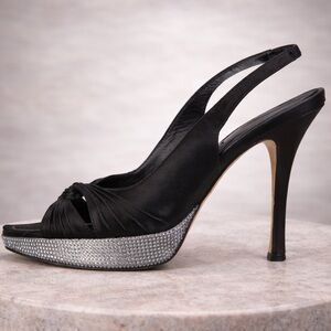 RENE CAOVILLA Black Slingback High Heel Sandals with Rhinestone Platform